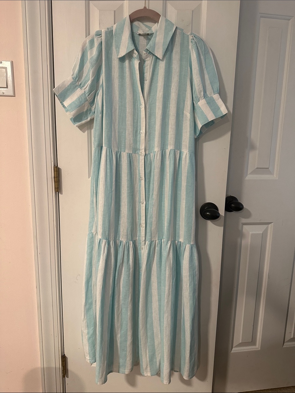 Crown & Ivy Light Blue and White Striped Button-Front Maxi Dress